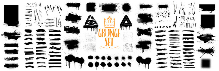 Fototapete - Diverse set of black paint, great elaboration, spray graffiti stencil template ink brush strokes, brushes, lines. Ink splashes stencil. High quality manually traced. Vector collection