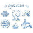 Set of ayurveda symbols of yoga, herbs and plants. Hand drawn line art cartoon vector illustration.