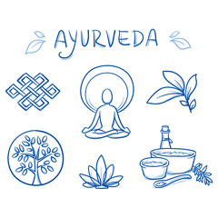 Wall Mural - Set of ayurveda symbols of yoga, herbs and plants. Hand drawn line art cartoon vector illustration.