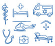 Set of different medical icons as ambulance, helicopter, hospital, stethoscope, first aid kit, bed,  for medical info graphics. Hand drawn line art cartoon vector illustration.