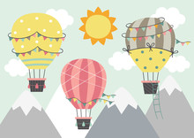 Three Hot Air Balloon Fly Over The Mountains
  - Vector Illustration, Eps    