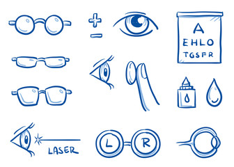 Wall Mural - Set of different optometry icons, with eyes, contact lenses and glasses for medical info graphics. Hand drawn line art cartoon vector illustration.