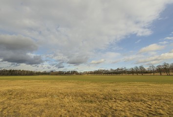 Beautiful landscape view with fields, forest trees and blue sky with white clouds. Gorgeous spring backgrounds. Sweden.