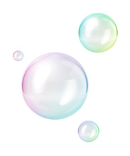 3d Render, Abstract Clear Soap Bubbles Isolated On White Background, Minimal Concept, Clean Style. Levitating Ball, Flying Translucent Glass Sphere, Floating On Air. Childish Clip Art. Design Elements