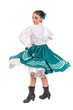 © ClicksdeMexico - Bailarina latina adolescente, bailando polka mexicana de Nuevo León, México, con fondo blanco y falda verde, con botas negras y sonriente, moda mexicana, folklor de mexico, traje tipico mexicano
