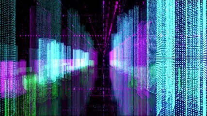 Seamless color loop abstract hologram 3D digital night city rendering with futuristic matrix. Animation buildings with binary code particles network.