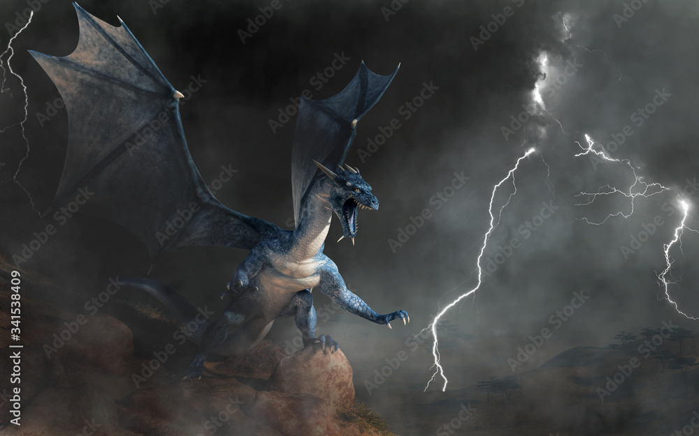A blue dragon, a beast of myth and legend. Scaly and serpentine with bat-like wings, blues are known for spitting lightning. On a cliff in a storm. 3D Rendering - obrazy, fototapety, plakaty 