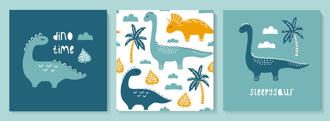 Wall Mural - A set with hand drawn dino in scandinavian style.