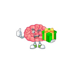 Sticker - Smiley brain cartoon character holding a gift box