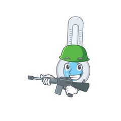 Sticker - A cartoon picture of cold thermometer in Army style with machine gun