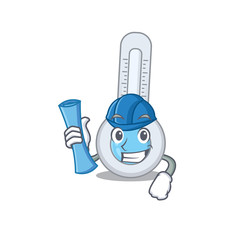 Poster - Cartoon character of cold thermometer brainy Architect with blue prints and blue helmet