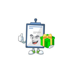 Sticker - Smiley medical note cartoon character holding a gift box