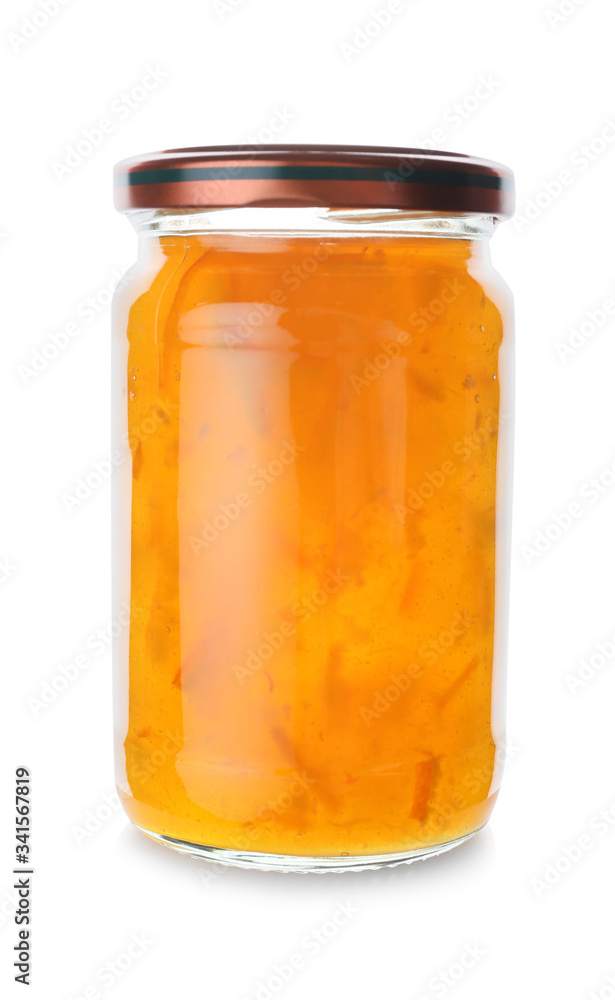 Jar of orange jam on white background