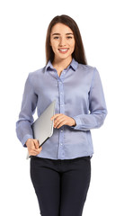 Sticker - Portrait of beautiful young businesswoman with laptop on white background