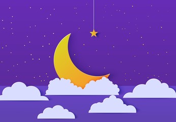 Wall Mural - Night sky in paper cut style. Cut out 3d background with violet purple backdrop, cloud gold stars on rope and crescent papercut art. Cute origami cloudscape. Vector good night sweet dreams card.