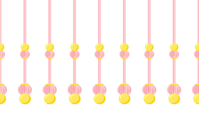 Poster - Vector seamless border pattern. Cute round tassels from bundle yarn with golden beads. Powdery pink colors, tender shades, perfect for girl room, greeting cards, celebrating. Horizontal endless border