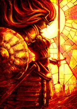 Red And Gold Queen Valkyrie With A Huge Round Shield And An Elegant Sword, Prays Standing In Profile, Her Body Like A Hinged Doll, Behind Her The Stained-glass Sun And The Kingdom. 2D Illustration.