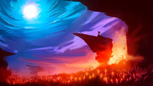 An Alien Landscape With High Hills, Blue Sky And Yellow-red Smoke In The Fields, And A Bright White Moon Visible In The Clouds. 2D Illustration.