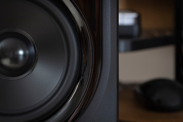 Black speaker of an acoustic monitor close-up.