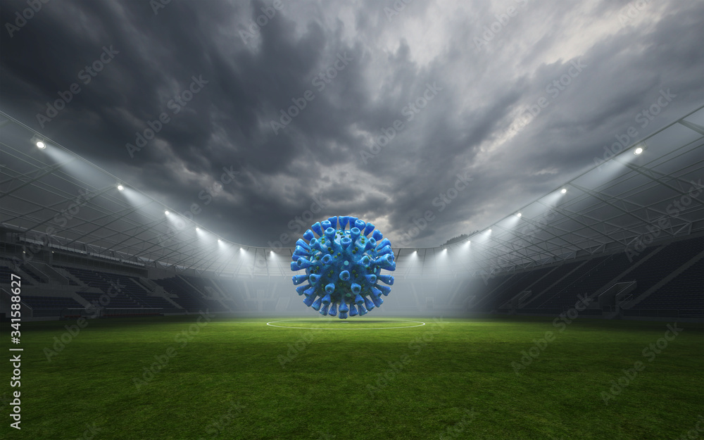 Leeres Fußball Stadion ohne Zuschauer mit Coronavirus - obrazy, fototapety, plakaty 