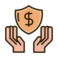 Canvas Print - hands with shield protection money business financial investing line and fill icon