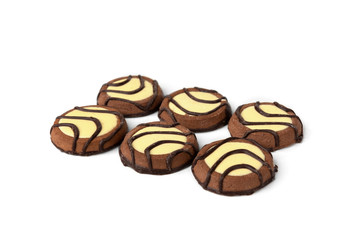 Wall Mural - Chocolate cookies with milk filling isolated on white background.