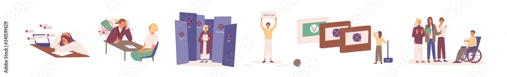 Hard to find a job during crisis. Young, disabled and elderly people have problems in job seeking. Resume is rejected by employer. Unemployed characters set. Vector illustration in flat cartoon style - obrazy, fototapety, plakaty 
