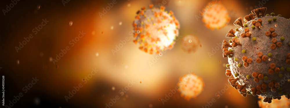 Microscopic close-up of the covid-19 disease. Coronavirus illness spreading in body cell. 2019-nCoV analysis on microscope level 3D rendering - obrazy, fototapety, plakaty 
