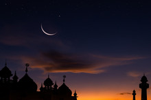 Mosque At Sunset And Crescent Moon Over Silhouette Mosque,religion Of Islamic And Allah