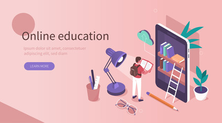 Wall Mural - Student Learning Online at Home. Character Reading Book in Online Library and Studying with Smartphone. Mobile Education Concept. Flat Isometric Vector  Illustration.