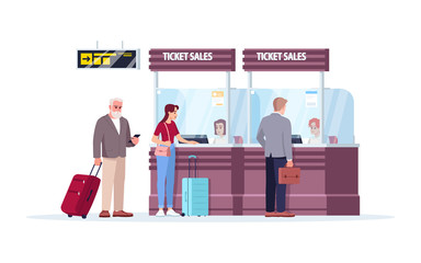 Canvas Print - Ticket sales counter semi flat RGB color vector illustration. Airport terminal sell boarding passes. People on queue to reception desk. Tourists isolated cartoon character on white background