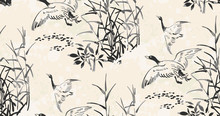 Ducks Fly Vector Japanese Chinese Nature Ink Illustration Engraved Sketch Traditional Textured Seamless Pattern