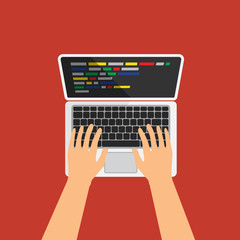 Man typing on the keyboard and making program code. Black laptop with code on the screen on white background. Web developer, design, programming. Coding concept. Isolated vector illustration.