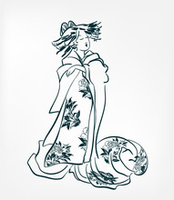 Japanese Girl Traditional Dress Kimono Sketch Line Vector Illustration