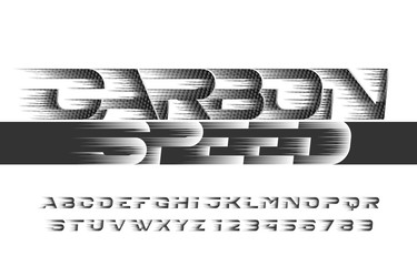 Carbon Speed alphabet font. Wind effect modern letters and numbers. Stock vector typescript.