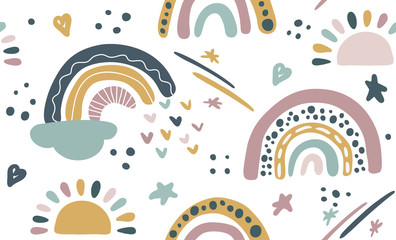 Seamless vector pattern with hand drawn rainbows and sun. Trendy baby texture