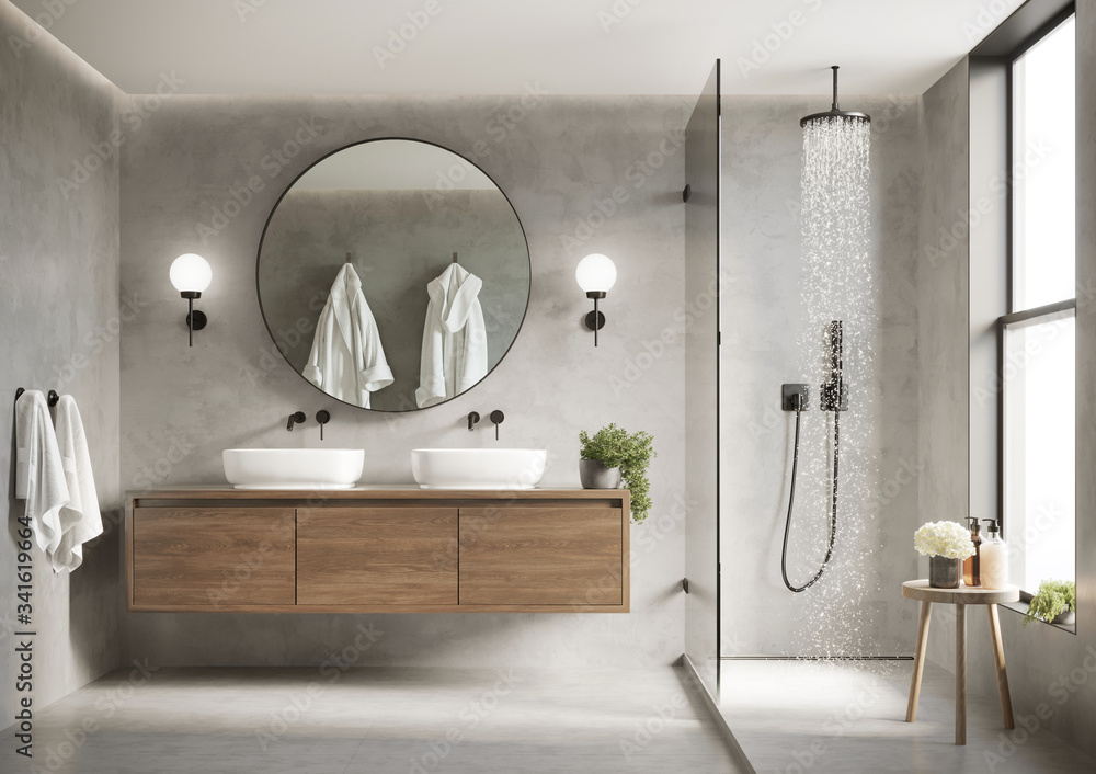 3d modern contemporary grey concrete bathroom with  round mirror and shower - obrazy, fototapety, plakaty 