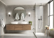 canvas print picture - 3d modern contemporary grey concrete bathroom with  round mirror and shower