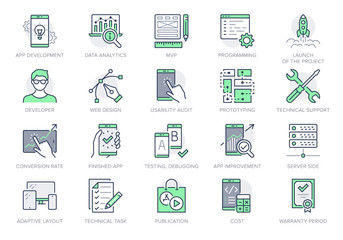 application development line icons. vector illustration included icon as mobile software, app ux pro