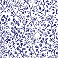 Vector Floral Vintage Seamless Pattern For Retro Wallpapers. William Morris Inspired Simple Design With Blackberry, Branches And Thorns.