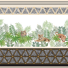 Seamless Border Pattern Of Vector Savannah Safari Animals And Golden Chins Fringe With Zebra Stripes. Lioness And Tiger Cub, Branches, Grass, Herbs, Bush And Palm Tree Leaves On A White Background
