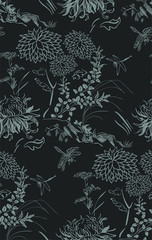 chrysanthemum flowers japanese chinese design sketch ink paint style seamless pattern