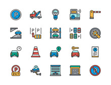 Set Of Car Parking Flat Color Icons. Truck, Parking Meter, Traffic Cone And More