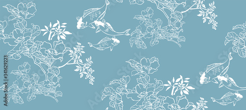 Obraz na plátně fish koi japanese chinese design sketch ink paint style seamless pattern