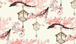 paper lanterns nature landscape view vector sketch illustration japanese chinese oriental line art ink seamless pattern