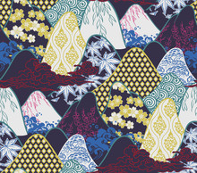 Mountains Traditional Geometric Kimono Pattern Vector Sketch Illustration Line Art Japanese Chinese Oriental Design Seamless