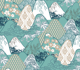 mountains traditional geometric kimono pattern vector sketch illustration line art japanese chinese oriental design seamless