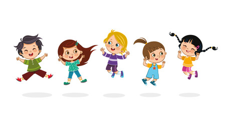 Wall Mural - Cheerful kids jumping together. Isolated vector illustration.