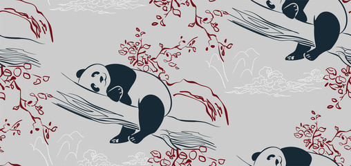 panda bear sketch vector japanese chinese design seamless pattern