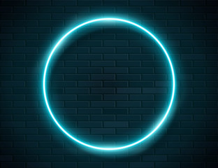 Wall Mural - Neon Glowing Circle Green Frame for Banner on Dark Empty Grunge Brick Background